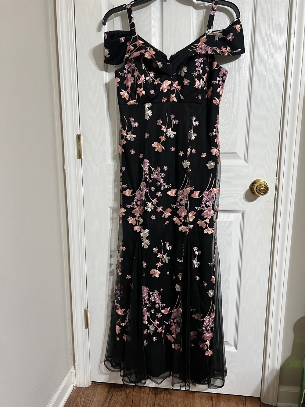 R&M Richards Black Evening Gown with Pink Floral Embroidery